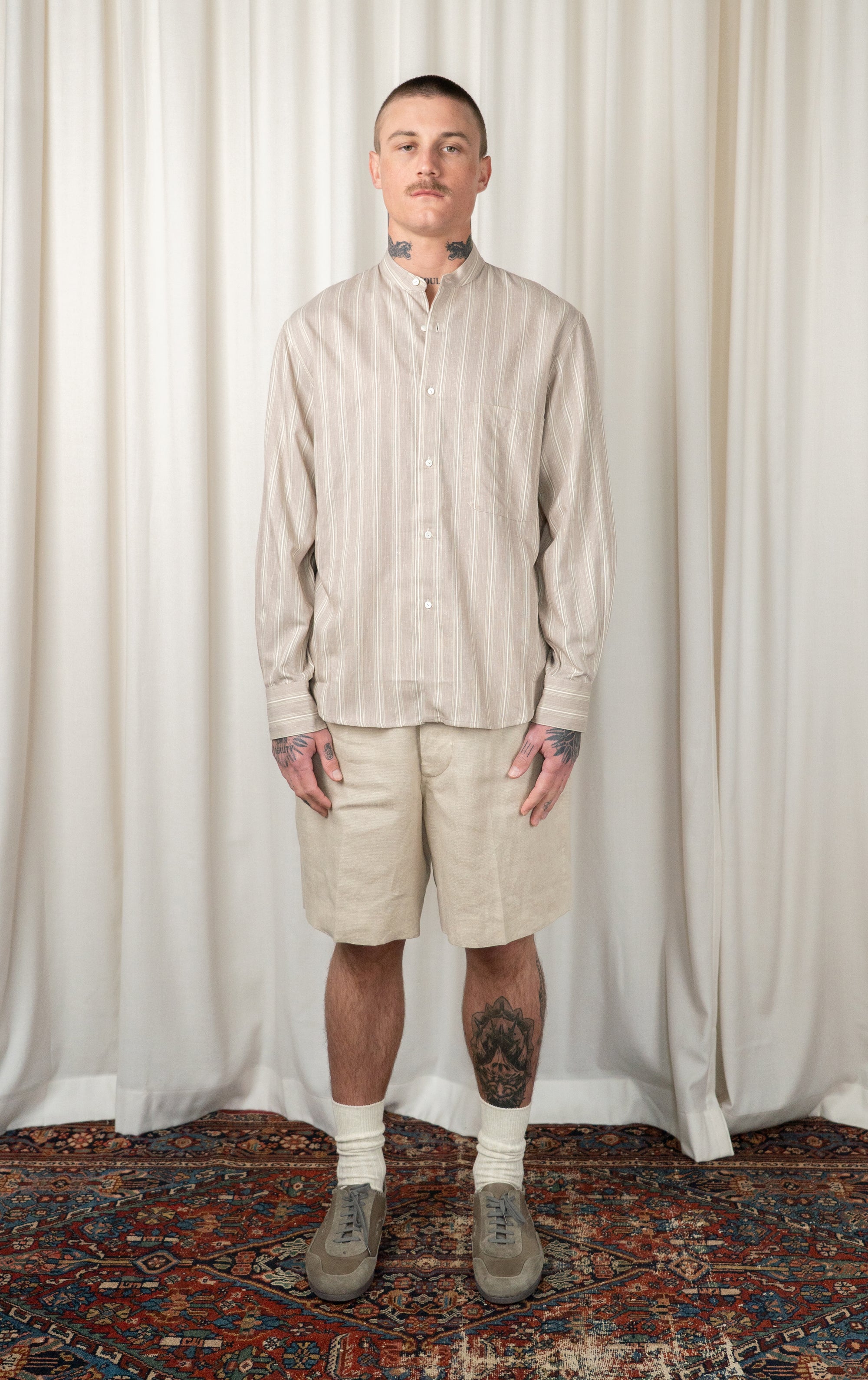 Anise Multi Stripe Band Collar Shirt