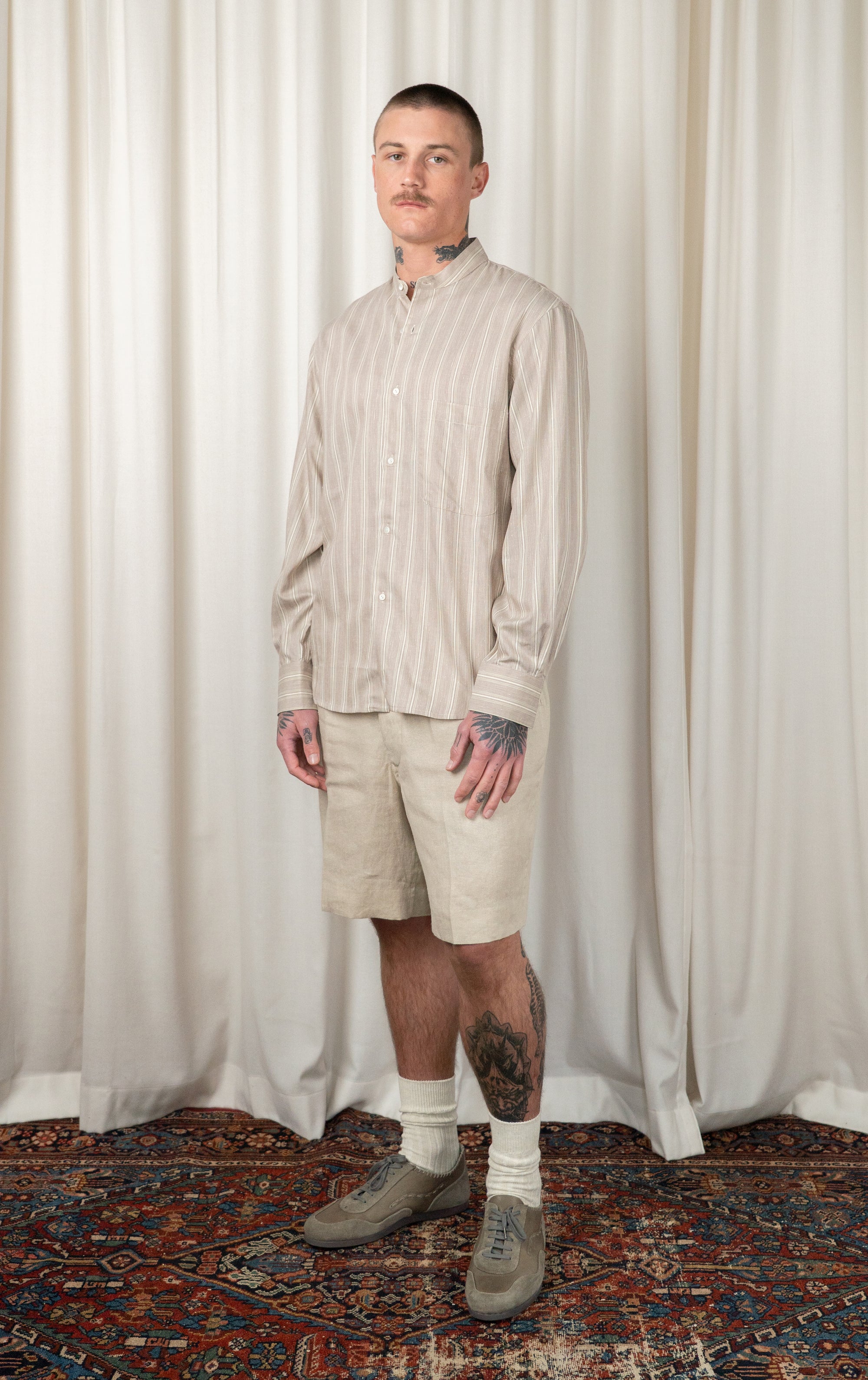 Anise Multi Stripe Band Collar Shirt