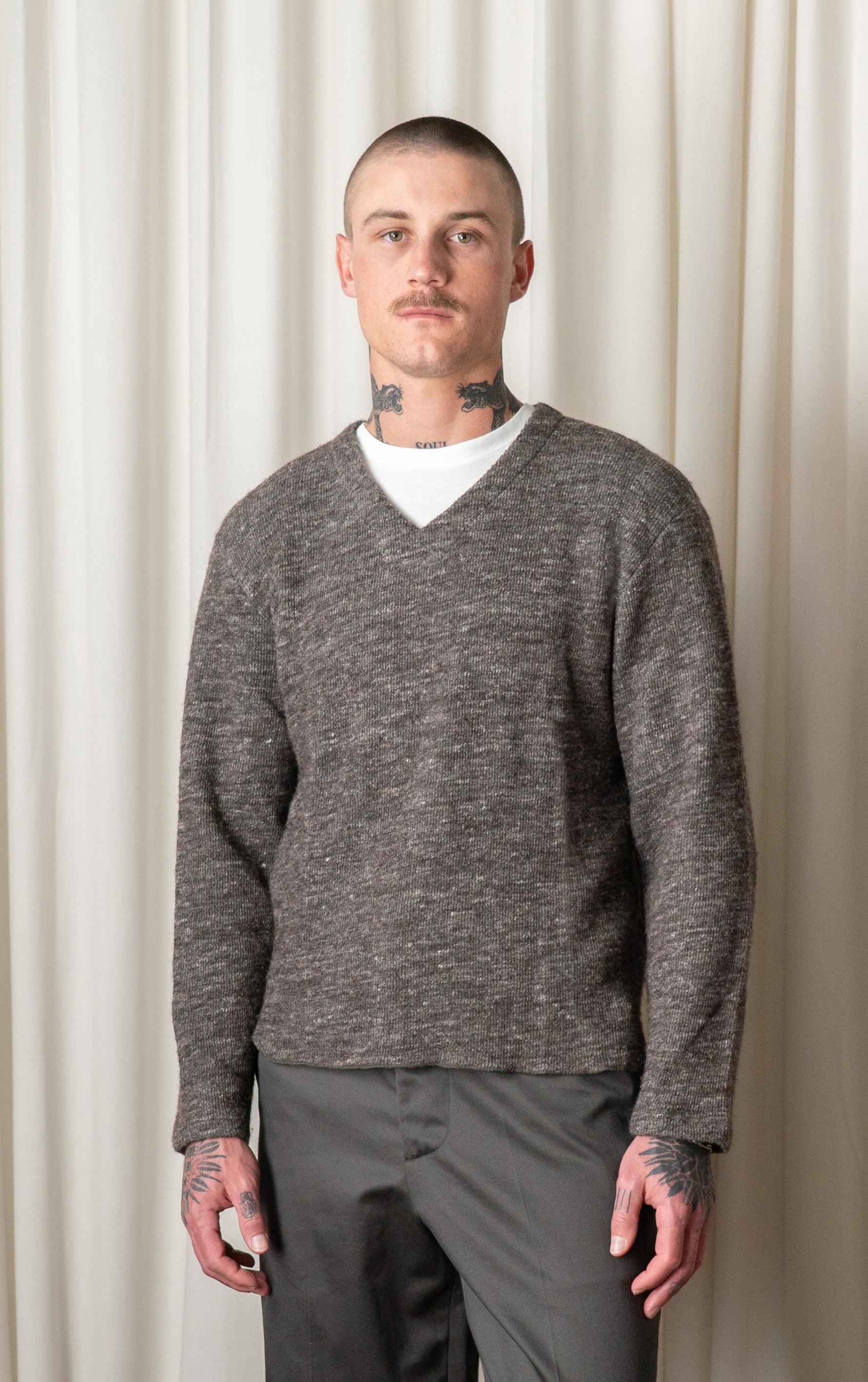 Brown Melange Linen Wool V-Neck