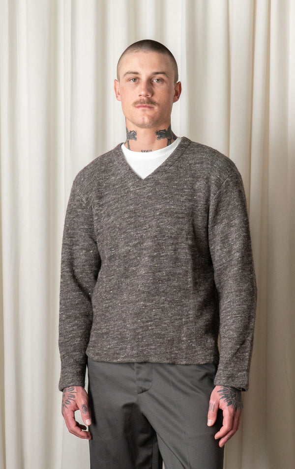 Brown Melange Linen Wool V-Neck