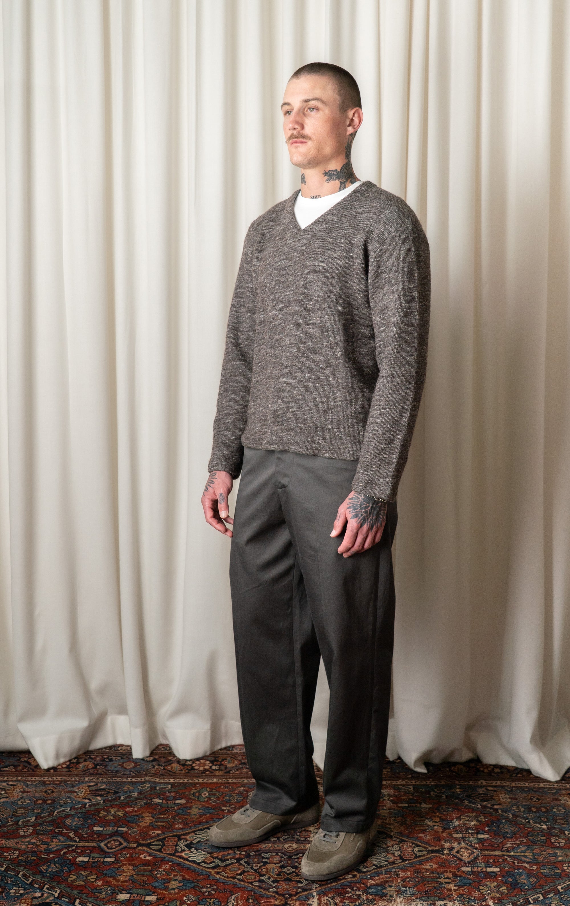 Brown Melange Linen Wool V-Neck