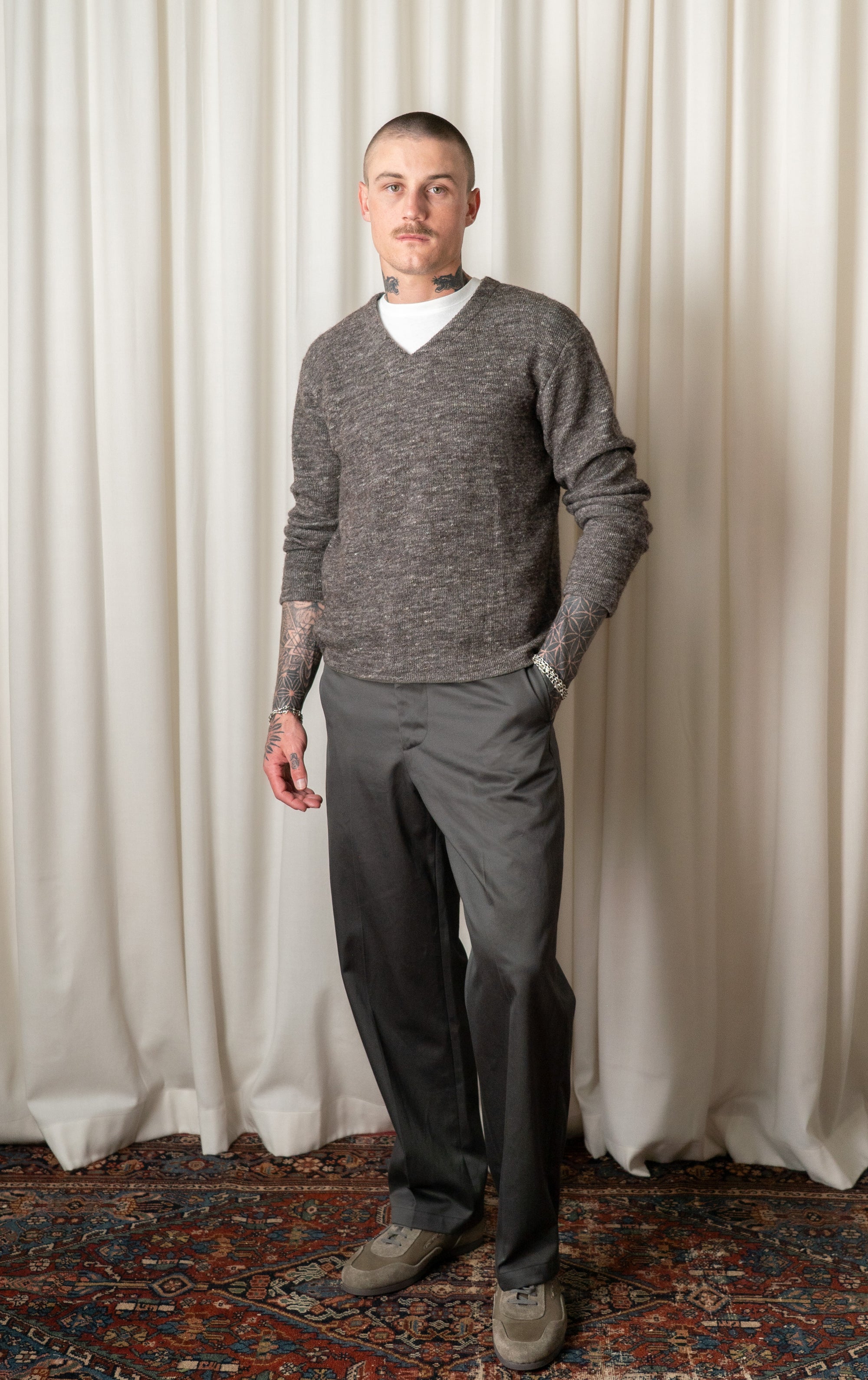 Brown Melange Linen Wool V-Neck
