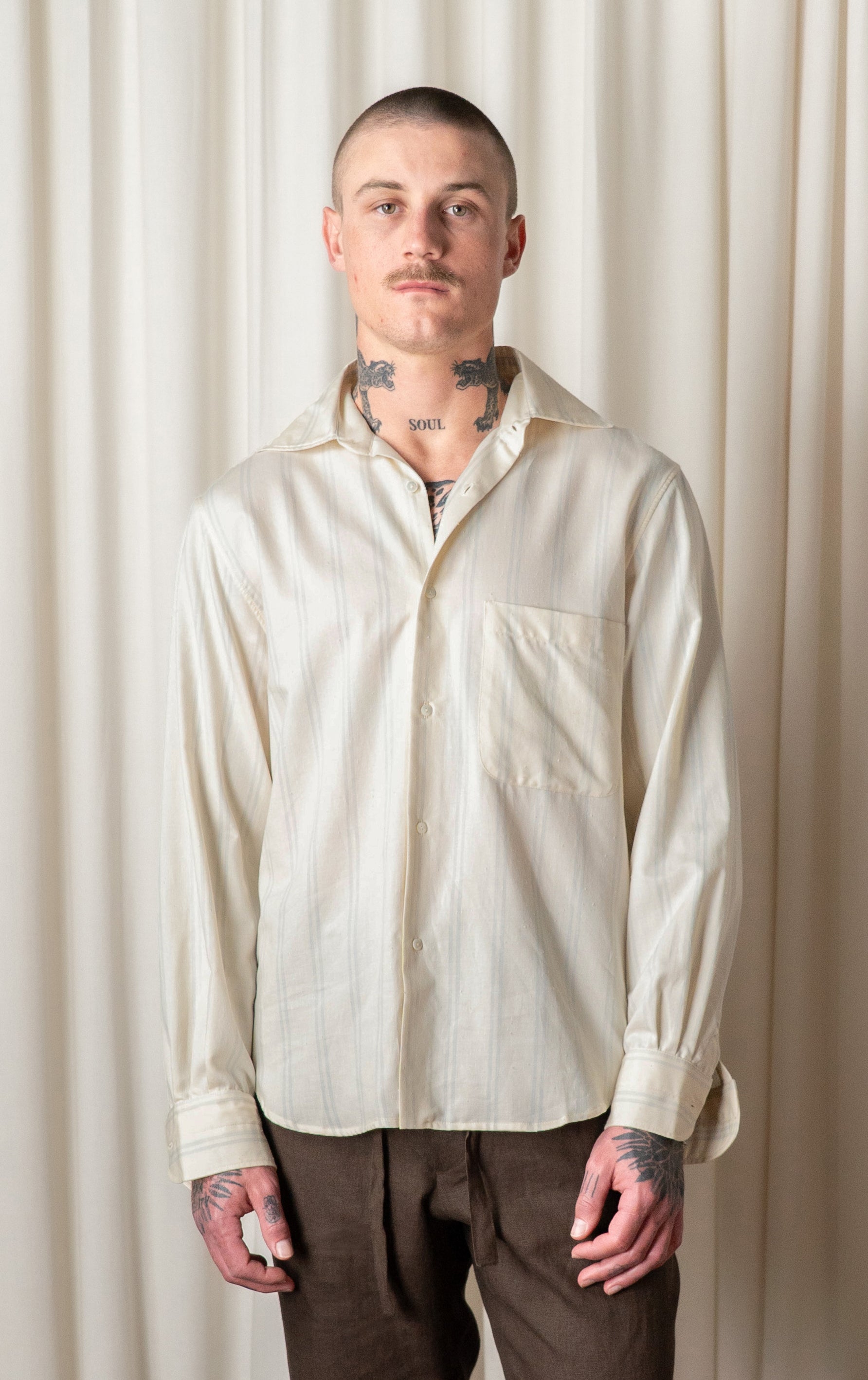 Ecru Striped Spread Collar Shirt