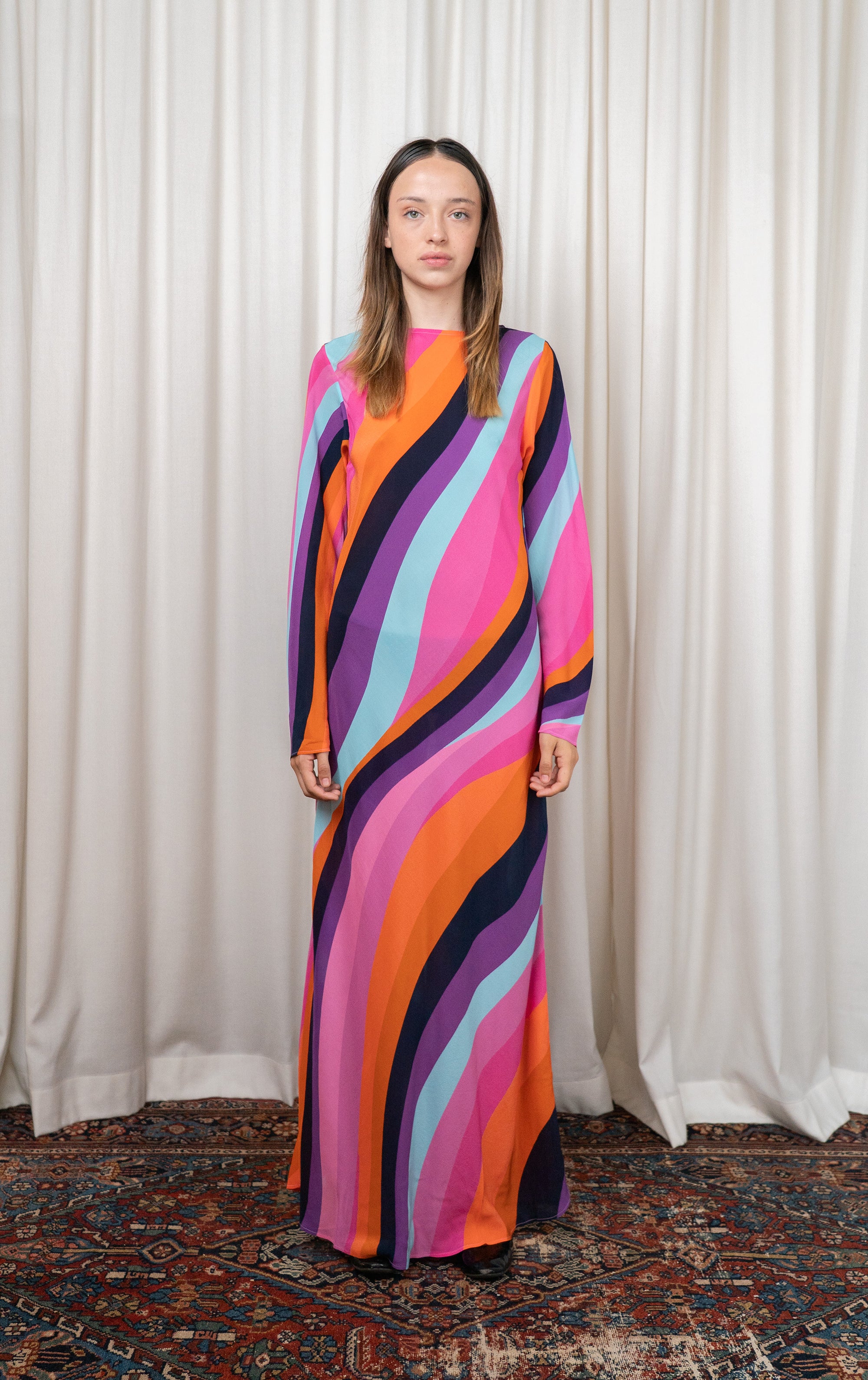 Retro Stripe Silk Bias Cut Dress