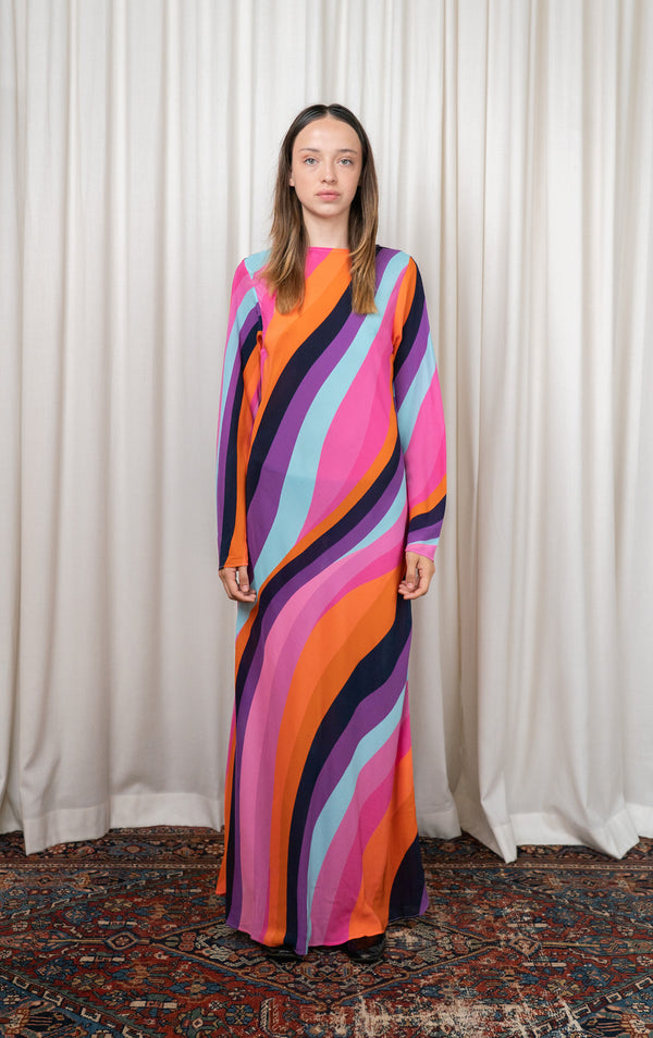 Retro Stripe Silk Bias Cut Dress