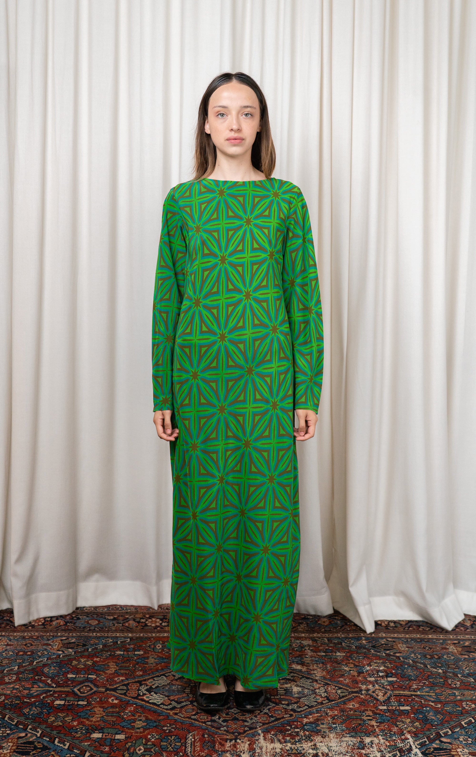 Green Geometric Silk Bias Cut Dress