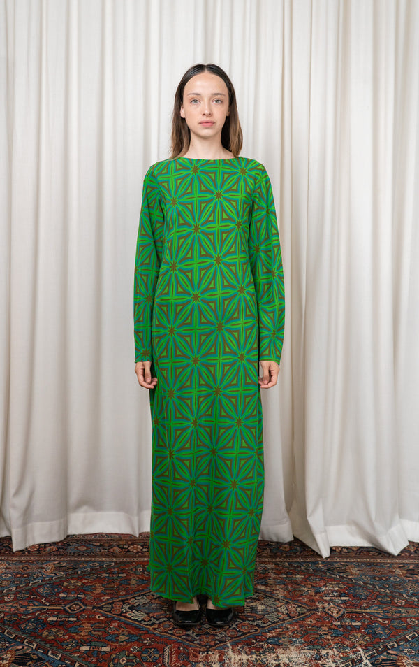 Green Geometric Silk Bias Cut Dress