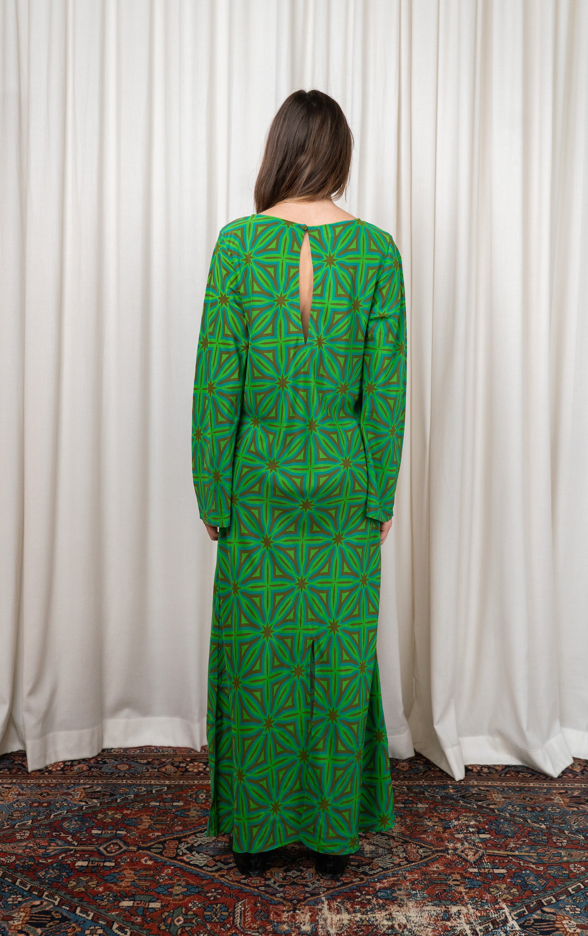 Green Geometric Silk Bias Cut Dress