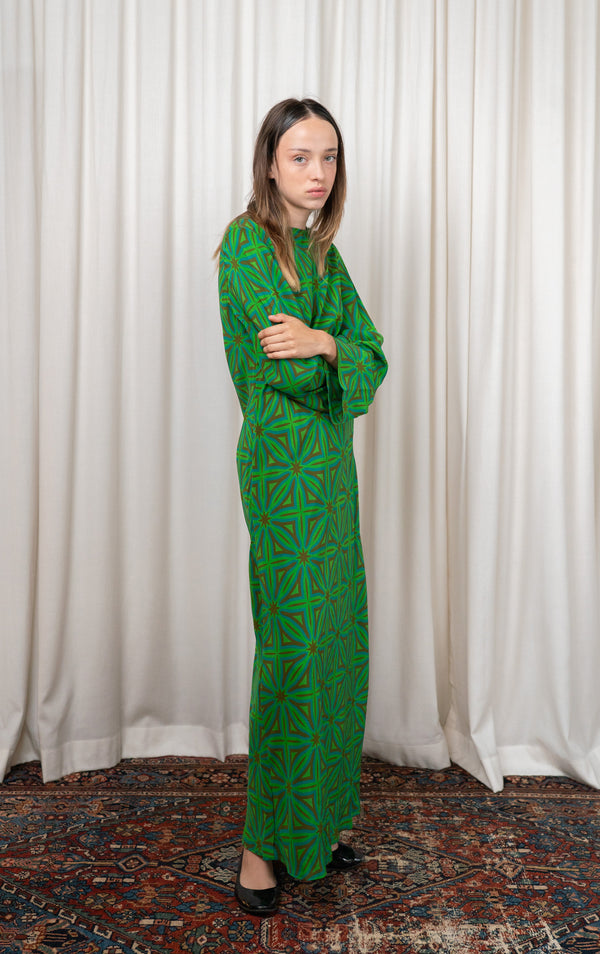 Green Geometric Silk Bias Cut Dress
