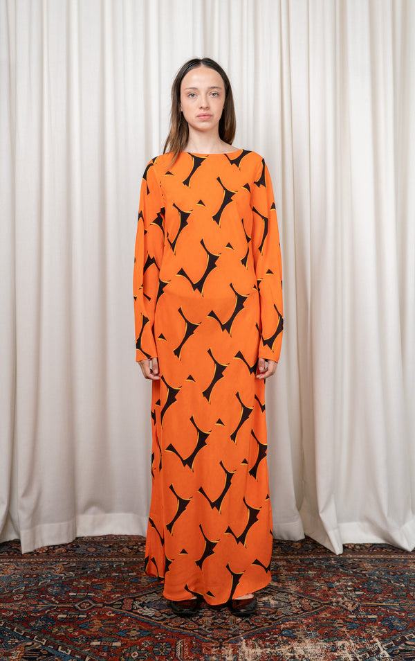 Red Abstract Silk Bias Cut Dress