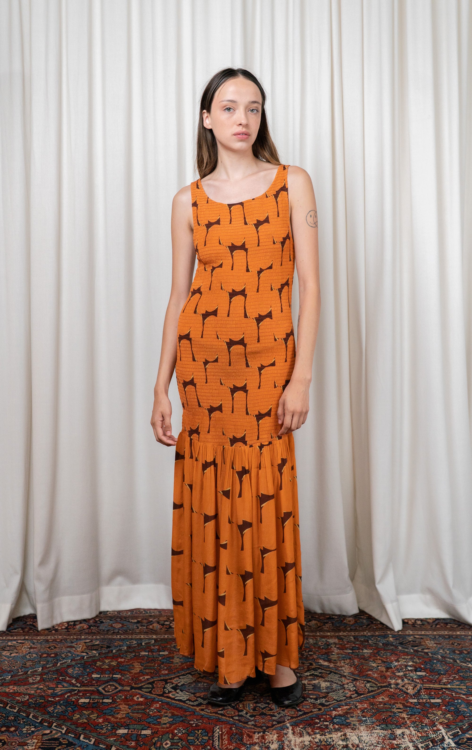 Orange Silk Ruched Dress