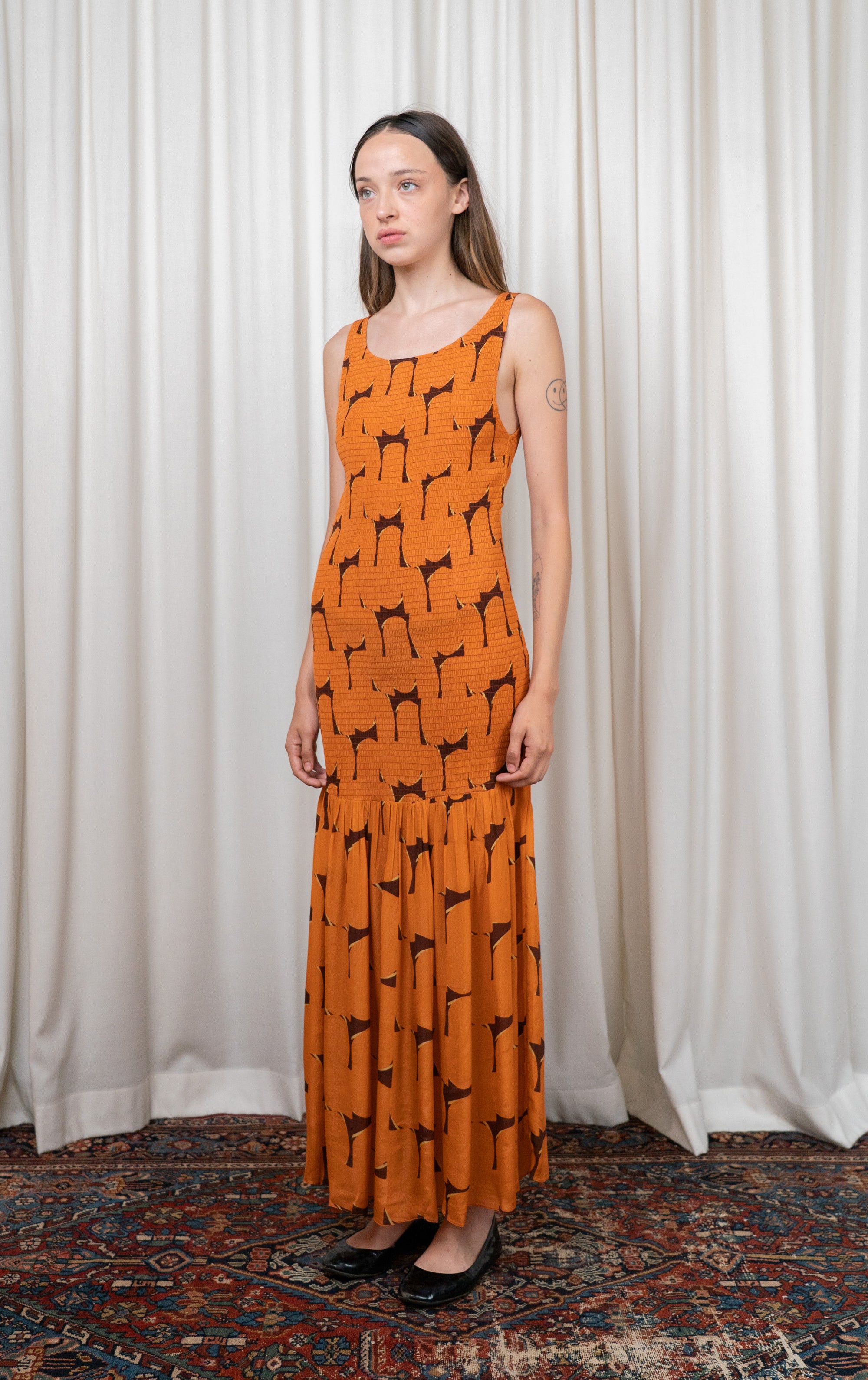 Orange Silk Ruched Dress