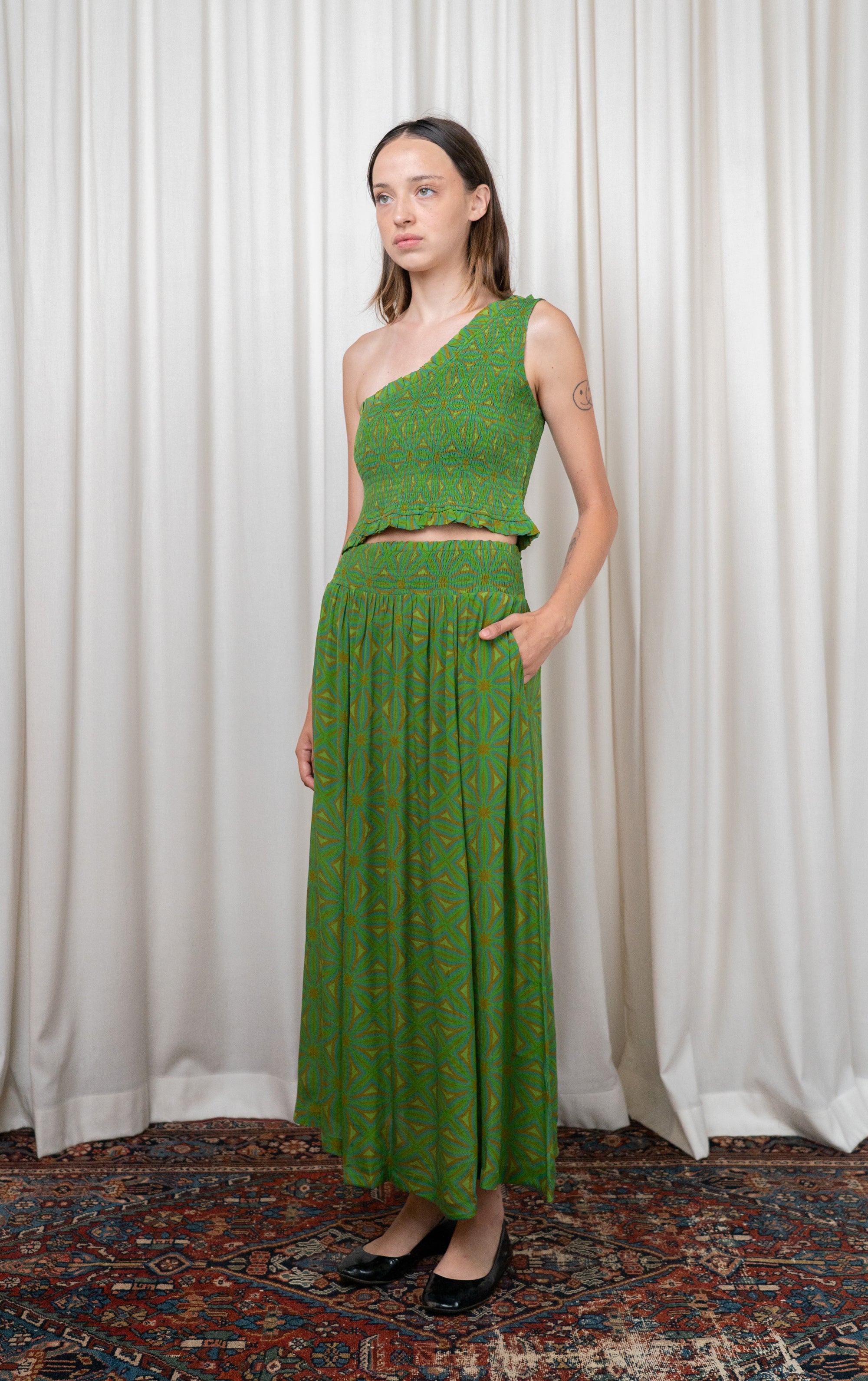 Green Geometric Silk Skirt