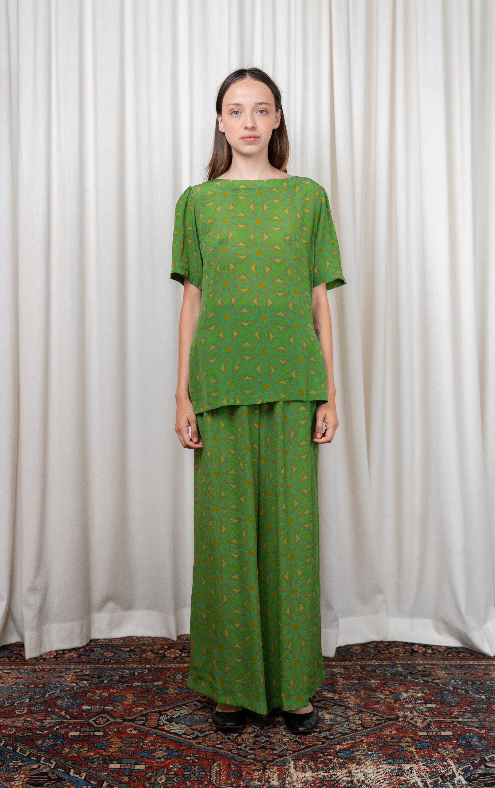 Green Geometric Silk Pants