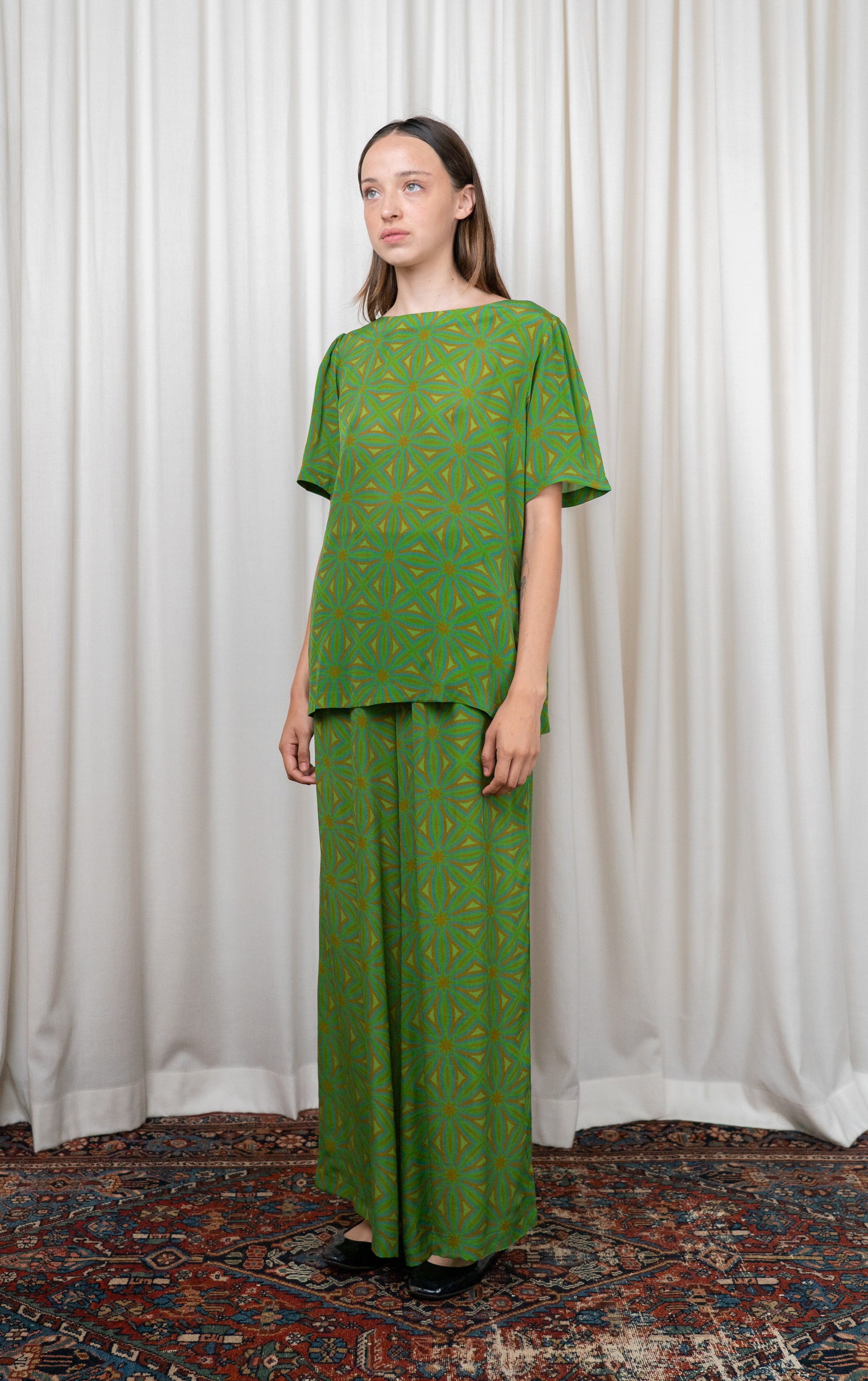 Green Geometric Silk Pants