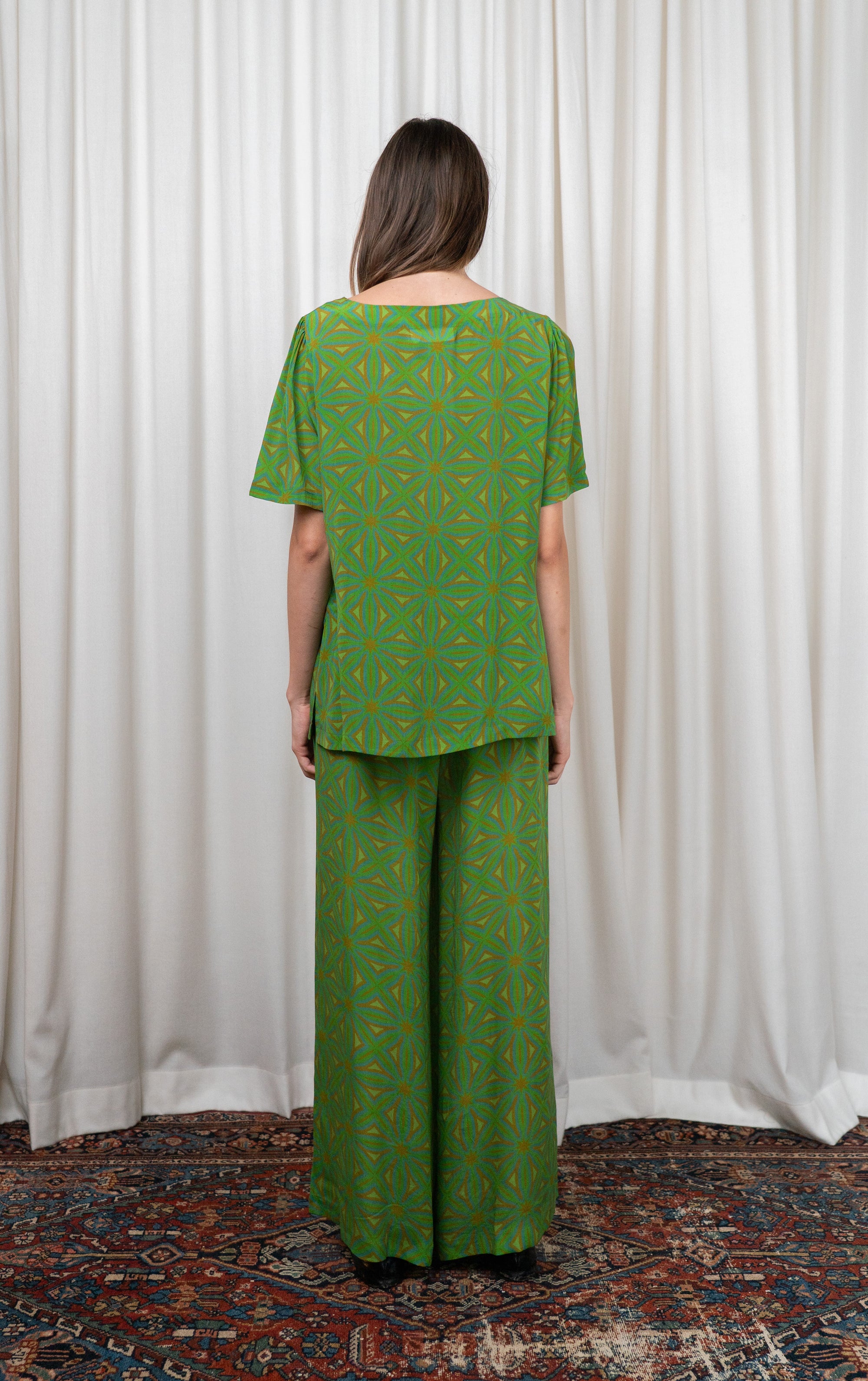 Green Geometric Silk Pants