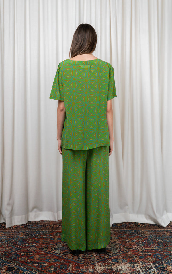 Green Geometric Silk Pants