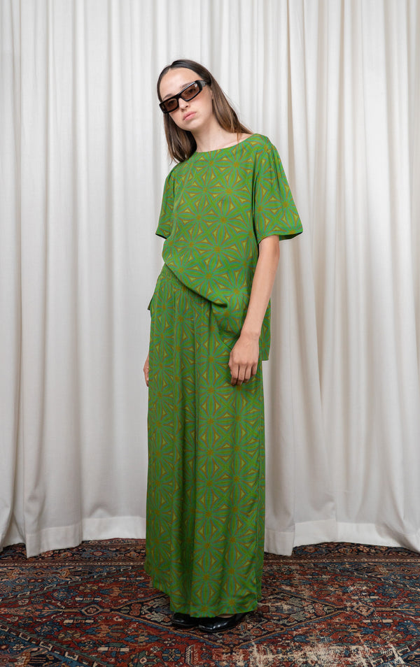 Green Geometric Silk Pants