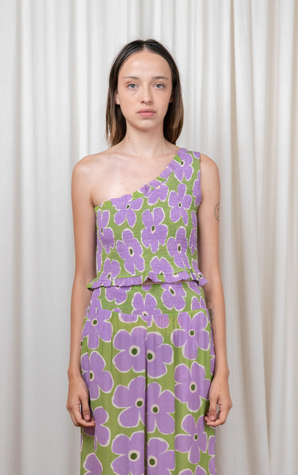 Purple Flower Silk Ruched Tank
