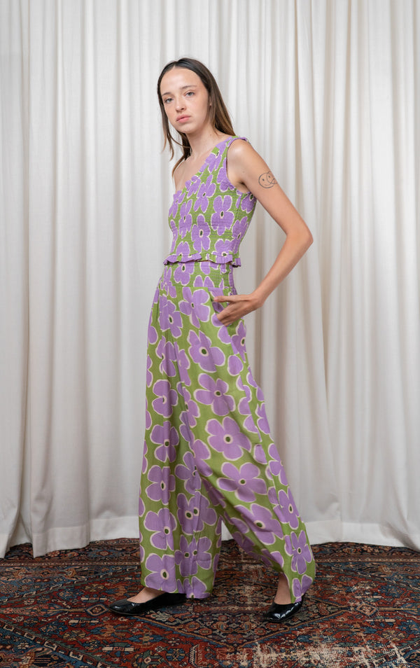 Purple Flower Silk Ruched Tank