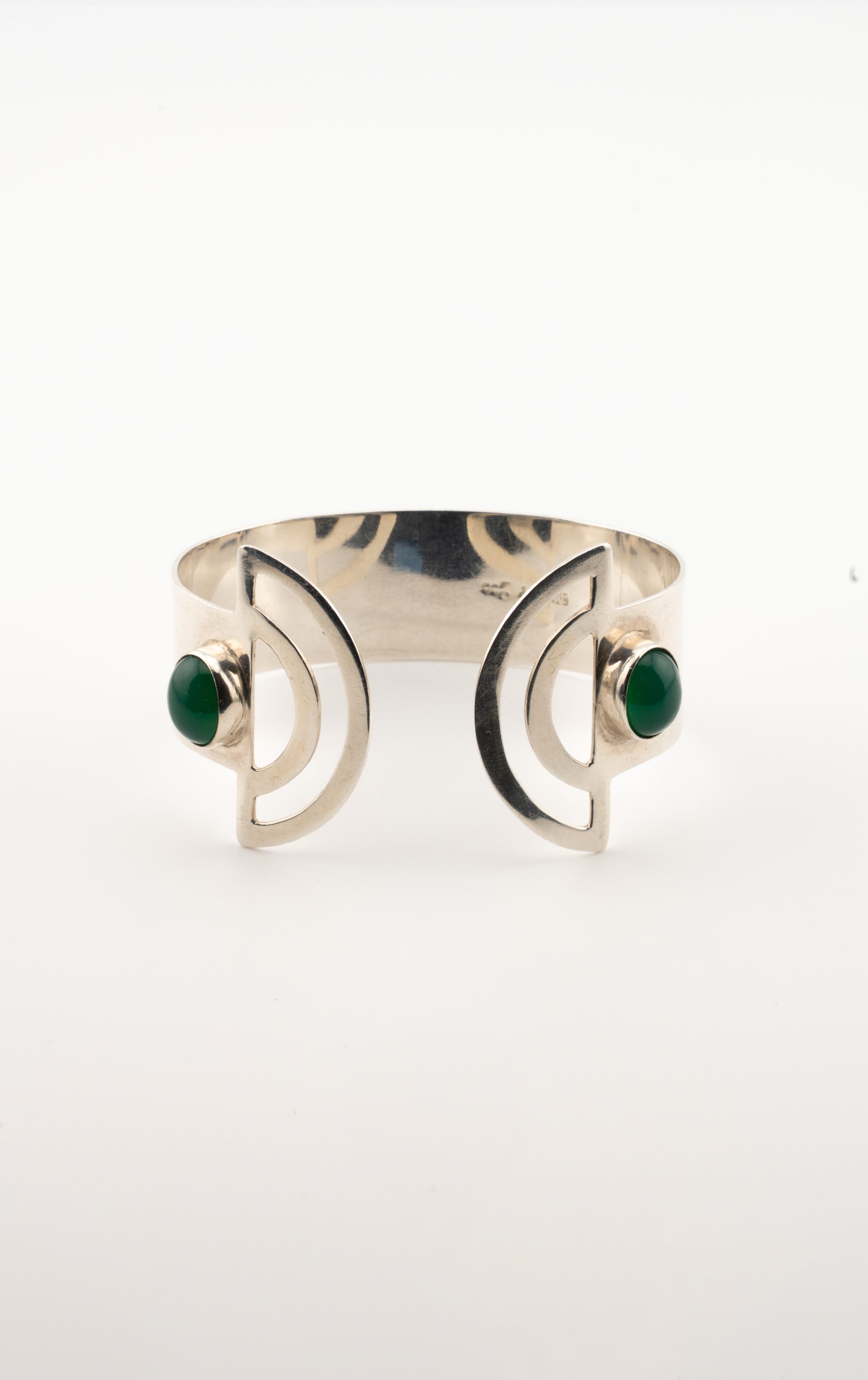 Vintage Sterling Silver Green Glass Sculptural Cuff