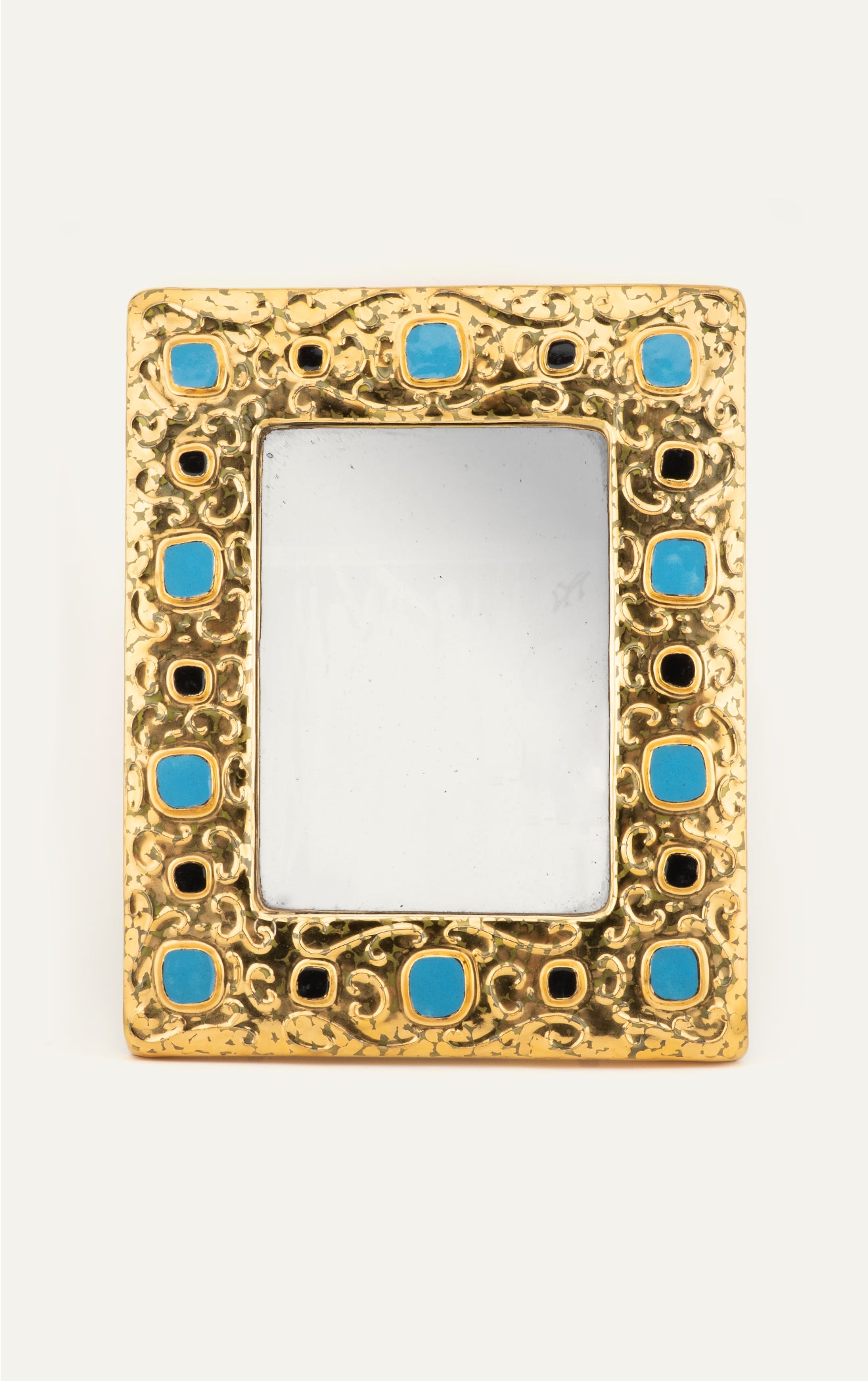 Francois Lembo ceramic rectangular mirror with blue stone adornments