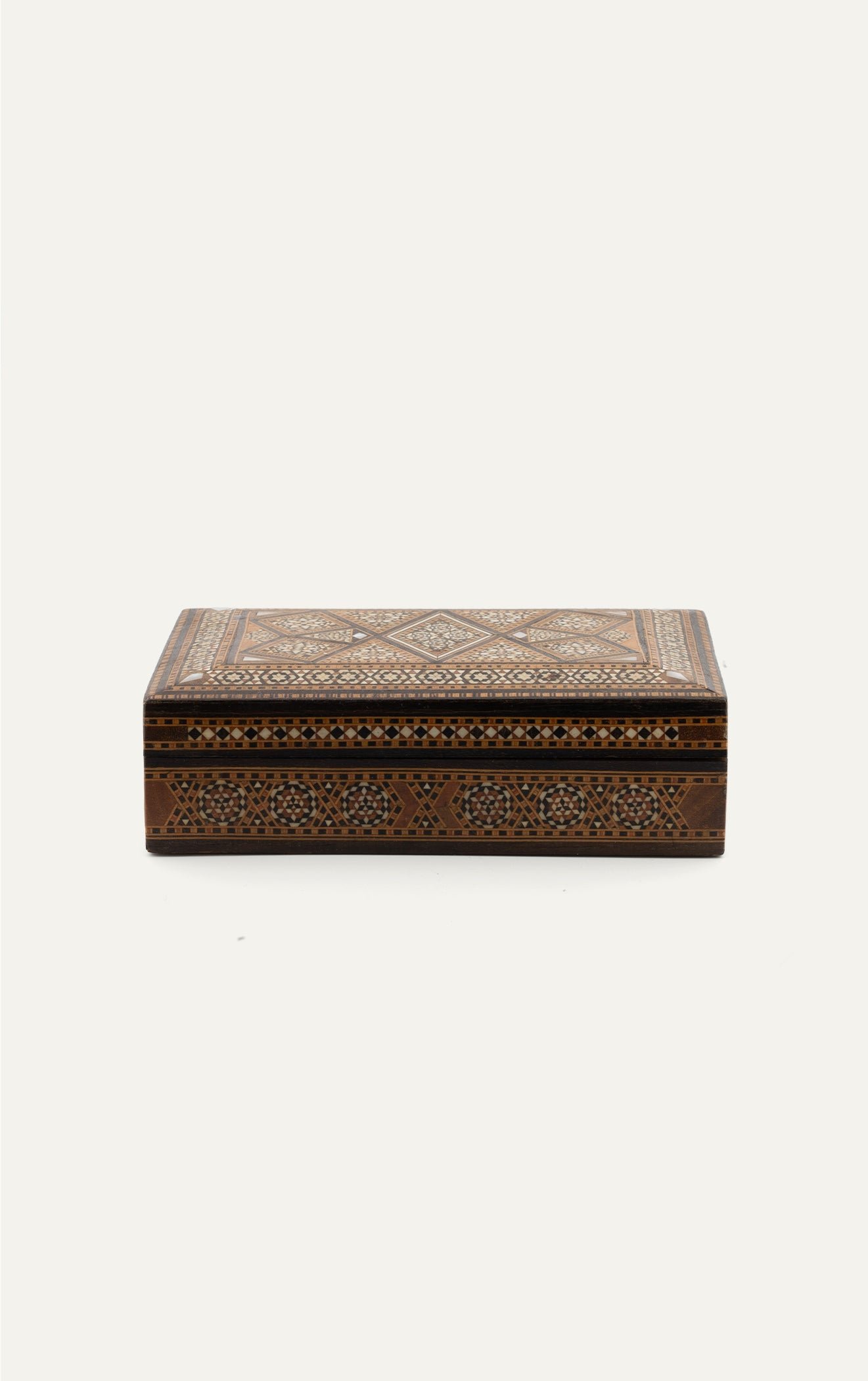 Syrian inlaid mosaic wooden box large with diamond marquetry lid