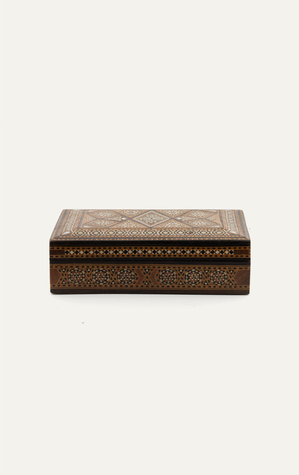 Syrian inlaid mosaic wooden box large with diamond marquetry lid