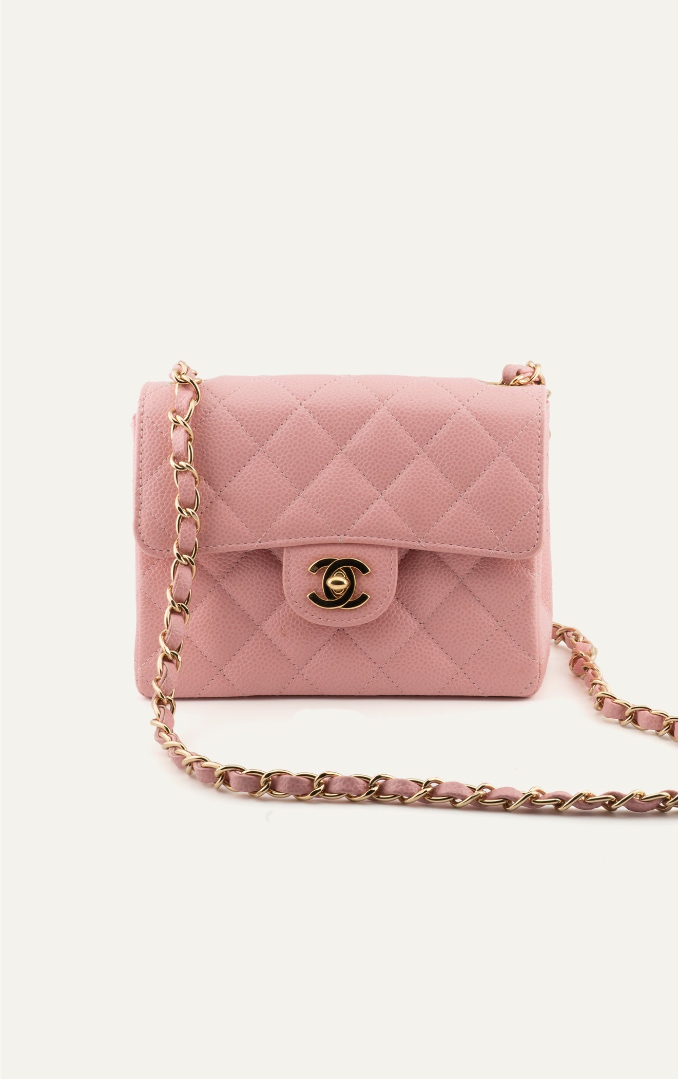 Vintage pink Chanel caviar quilted mini square flap bag
