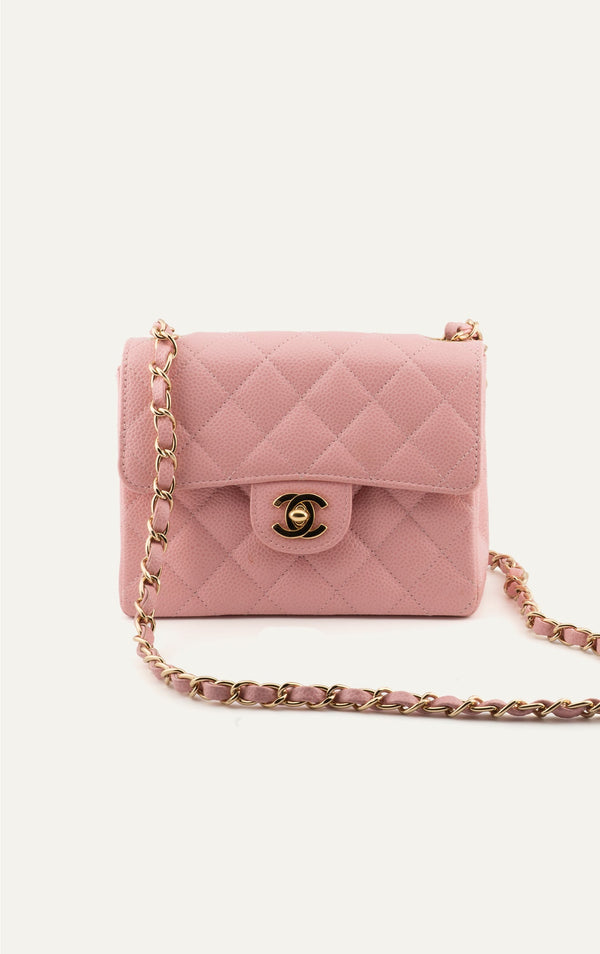 Vintage pink Chanel caviar quilted mini square flap bag