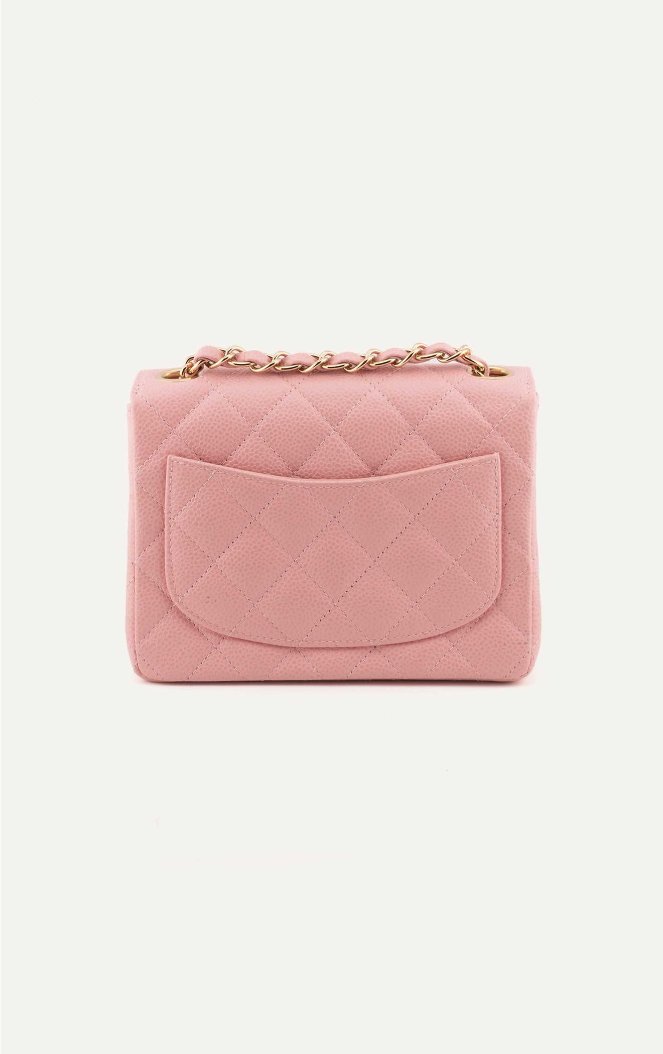 Vintage pink Chanel caviar mini square flap bag back view