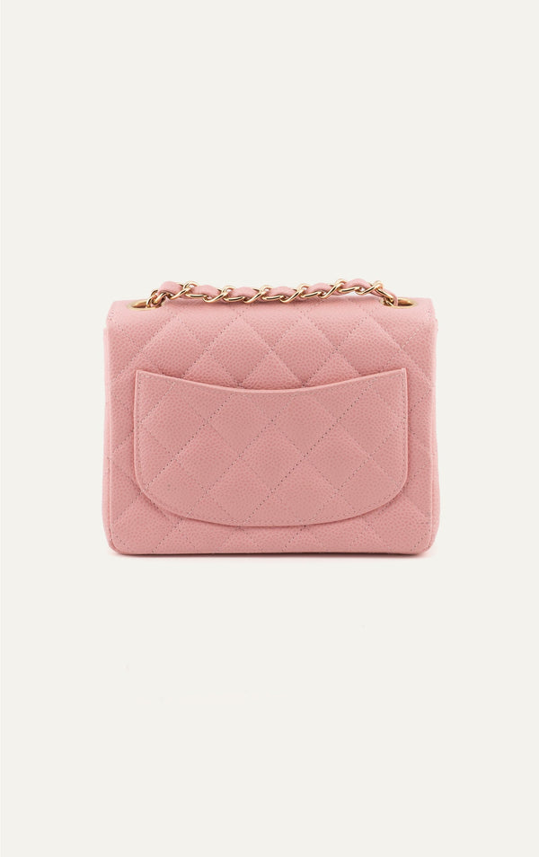 Vintage pink Chanel caviar mini square flap bag back view