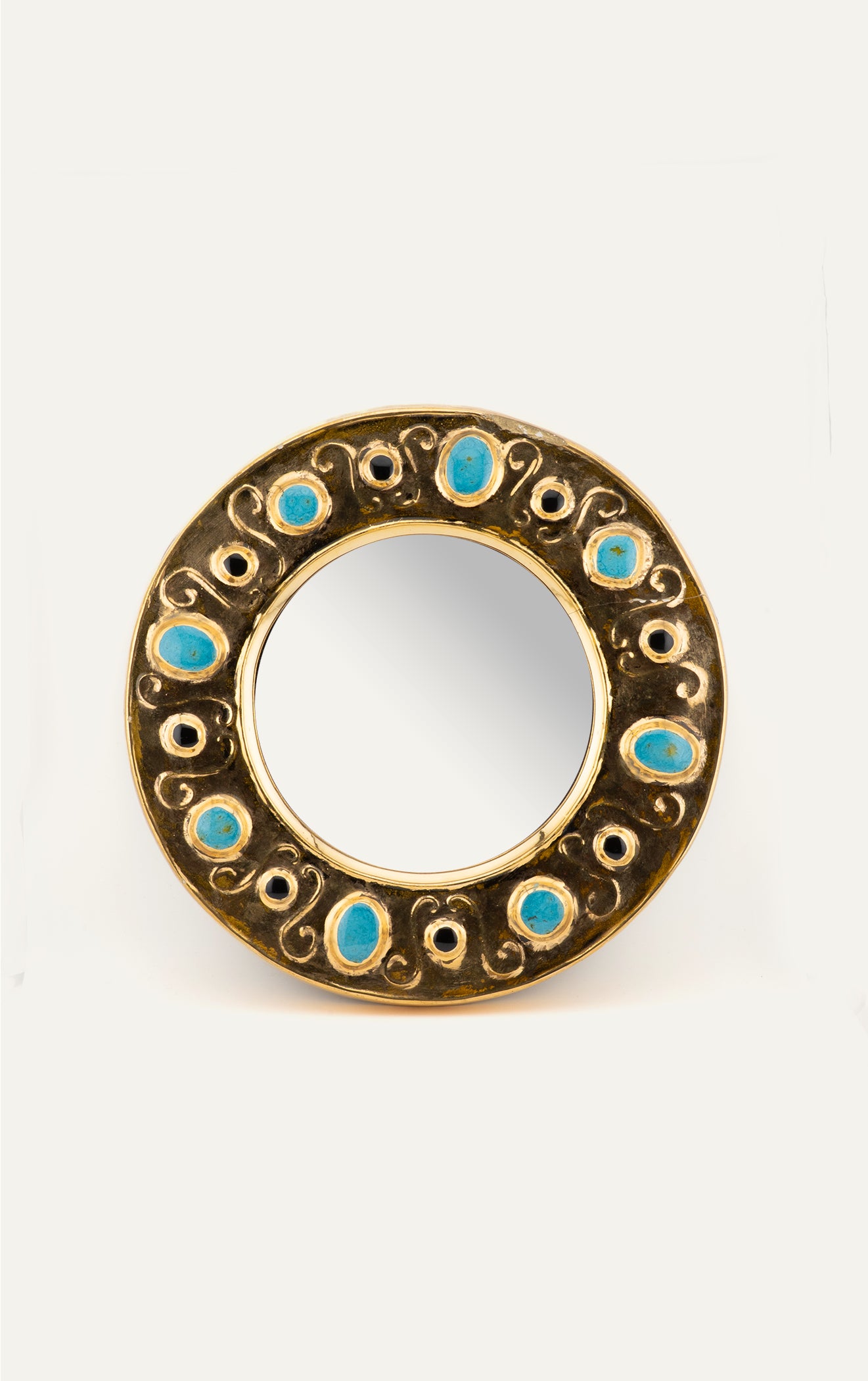 Francois Lembo round ceramic mirror with turquoise stone adornments