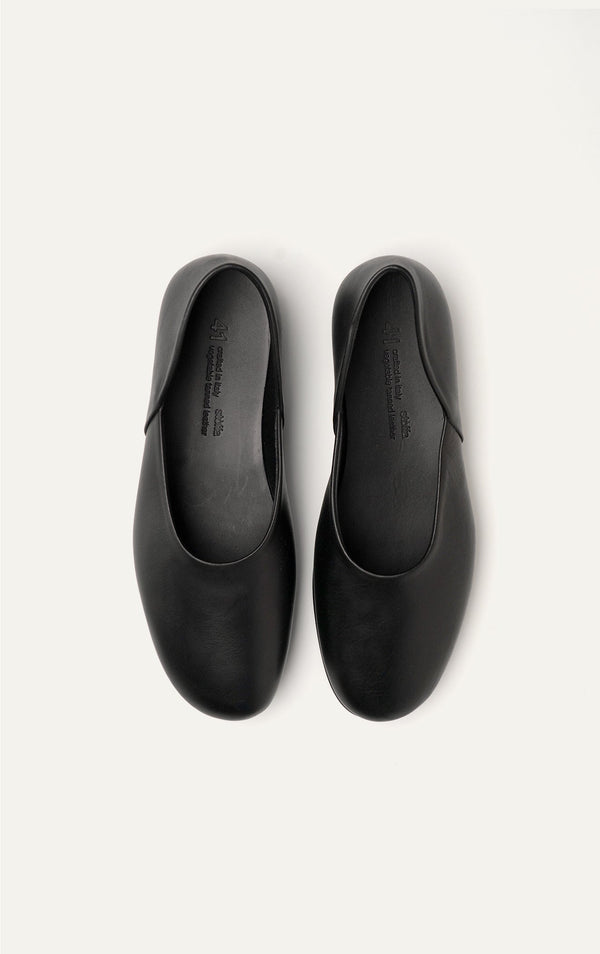Stoffa black leather slippers top view