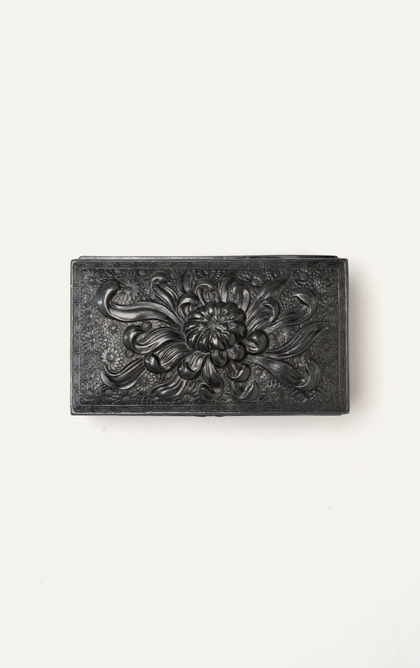 Vintage pewter carved chrysanthemum box closed