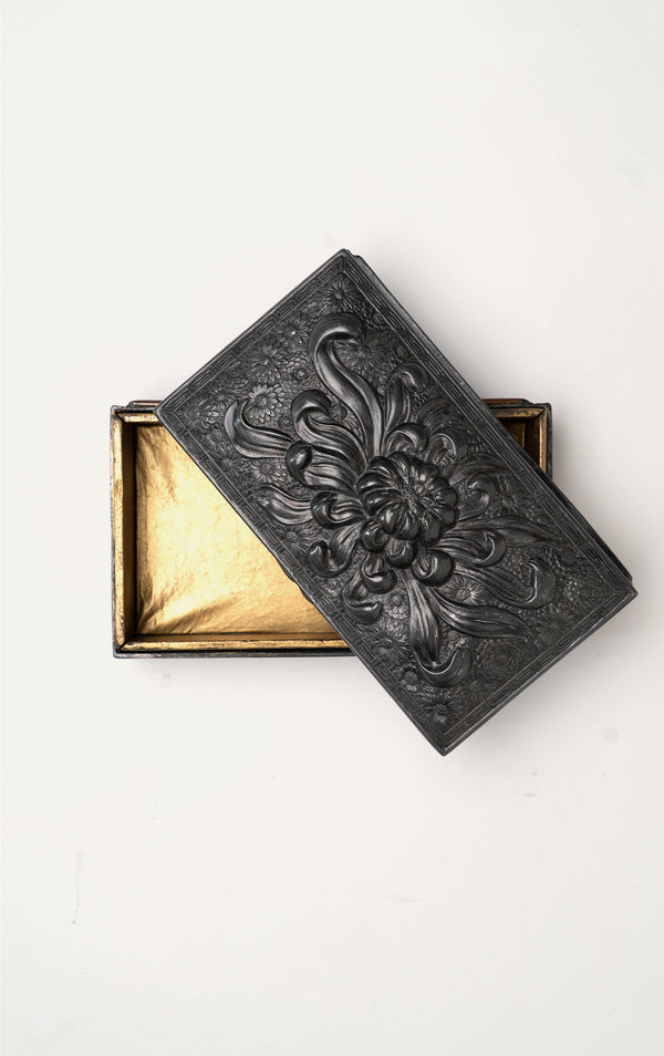 Vintage pewter carved chrysanthemum box with lid ajar
