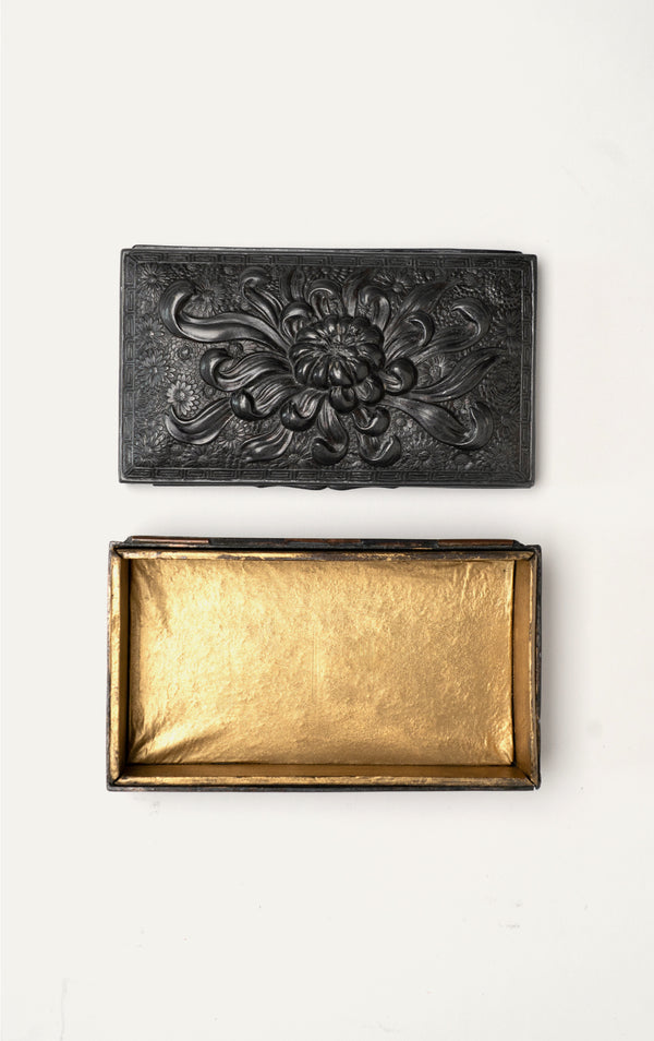 Vintage pewter carved chrysanthemum box open showing gilt interior