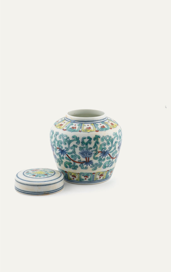 Chinese doucai porcelain covered jar with lid removed