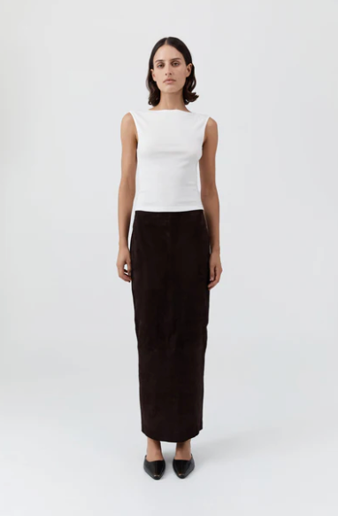 Coffee Suede Column Skirt