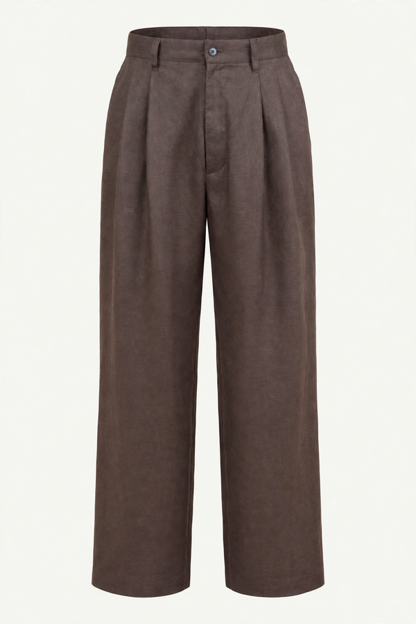 Brown Light Linen Wide Easy Trousers